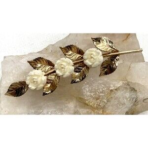 Vintage Gold Filled‎ Leaf & Carved Plastic Flower Brooch Pin 1/20 12K GF 3.5g